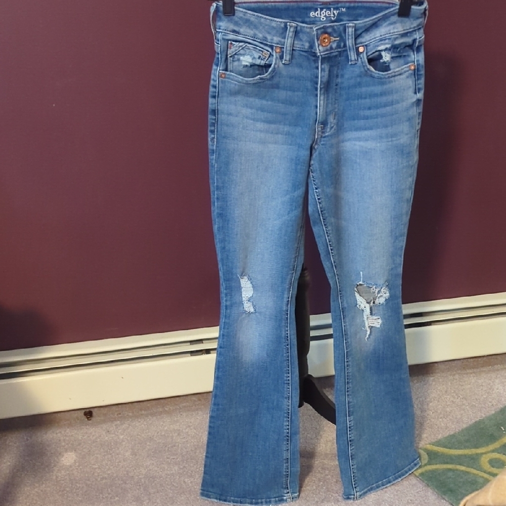 Edgely High Rise Blue Jeans with Distressed Details